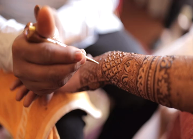 A Slow Motion Shot of Applying Mehndi on Bride's hand at her Indian Wedding in India