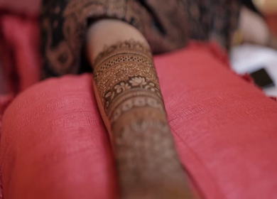 A Slow Motion Shot of Applying Mehndi on Bride's hand at her Indian Wedding in India