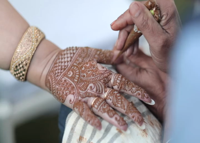 A Slow Motion Shot of Applying Mehndi on Bride's hand at her Indian Wedding in India
