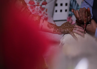 A Slow Motion Shot of Applying Mehndi on Bride's hand at her Indian Wedding in India