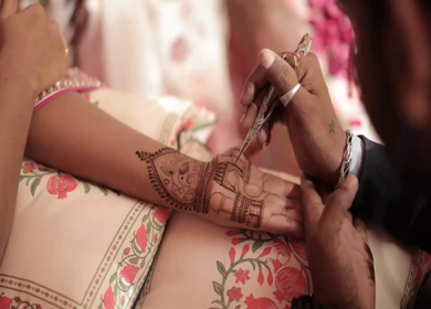 A Slow Motion Shot of Applying Mehndi on Bride's hand at her Indian Wedding in India