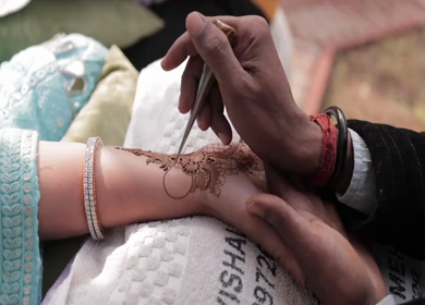 A Slow Motion Shot of Applying Mehndi on Bride's hand at her Indian Wedding in India