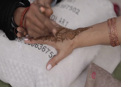 A Slow Motion Shot of Applying Mehndi on Bride's hand at her Indian Wedding in India