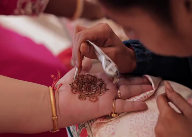 A Slow Motion Shot of Applying Mehndi on Bride's hand at her Indian Wedding in India