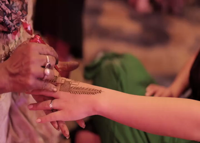 A Slow Motion Shot of Applying Mehndi on Bride's hand at her Indian Wedding in India