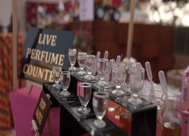 New Delhi, India - 5th February 2025: A Slow Motion Shot of a Perfume Counter at an Indian Wedding Venue in India