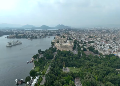Aerial Drone Shot of City Palace, Udaipur, Rajasthan, India