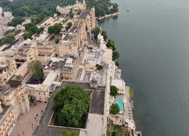 Aerial Drone Shot of City Palace, Udaipur, Rajasthan, India
