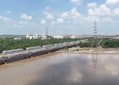 Aerial Drone View of Lohapul, Old Yamuna Bridge, Delhi, India – High Water Levels, 2025 Rains