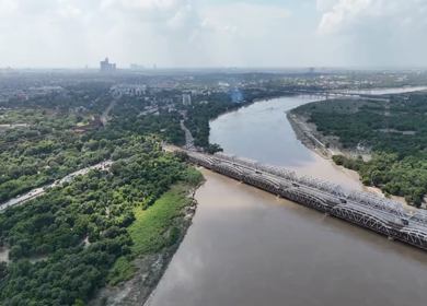 Aerial Drone View of Lohapul, Old Yamuna Bridge, Delhi, India – High Water Levels, 2025 Rains