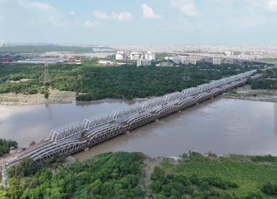 Aerial Drone View of Lohapul, Old Yamuna Bridge, Delhi, India – High Water Levels, 2025 Rains