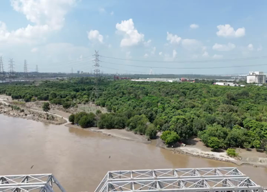 Aerial Drone View of Lohapul, Old Yamuna Bridge, Delhi, India – High Water Levels, 2025 Rains