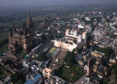 An Aerial Shot of Chaturbhuj Temple and Shri Ram Raja Mandir at Orchha, Madhya Pradesh, India
