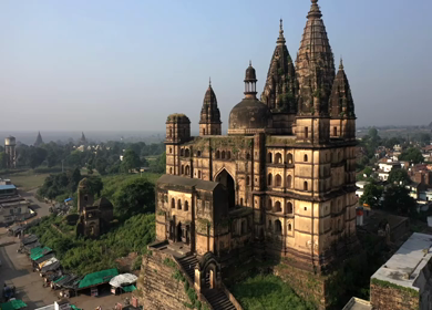 An Aerial Shot of Chaturbhuj Temple and Shri Ram Raja Mandir at Orchha, Madhya Pradesh, India