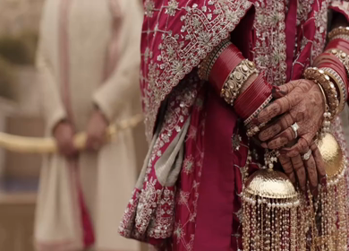 A Slow motion shot of a Indian Groom and Indian Bride posing towards camera at their Indian wedding in India