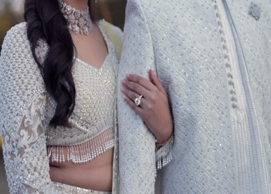 A Slow motion shot of a Indian Groom and Indian Bride posing towards camera at their Indian wedding in India