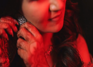 September 2022: A Shot of an Indian Bride wearing earring at her Indian Wedding in India